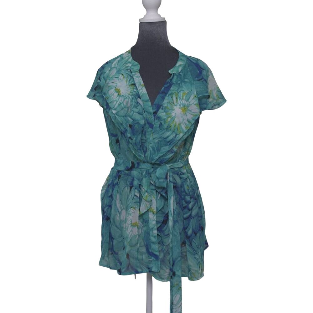 Fairycore Sheer Floral Ruffle Belted Blouse 1X Flowy Feminine Matching Belt